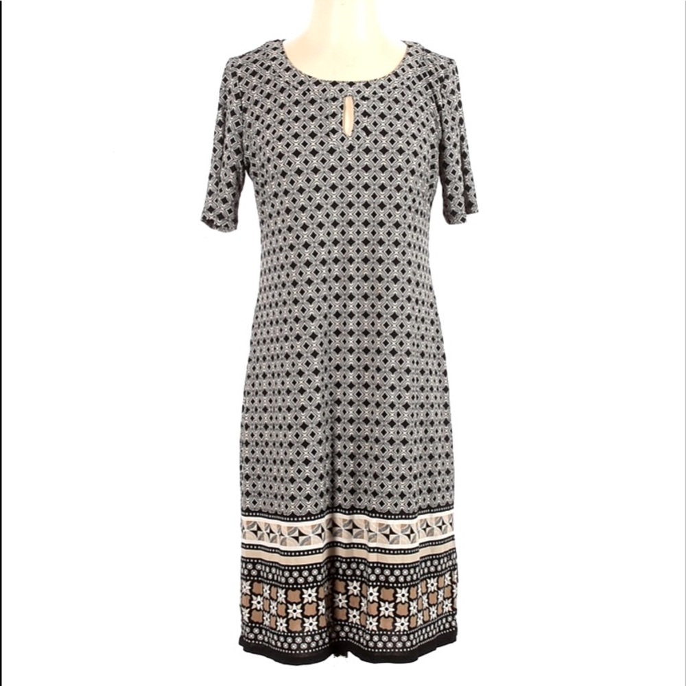 DANA BUCHMAN Short Sleeve Sheath Dress Black White Tan Geometric Print Small - Picture 2 of 10